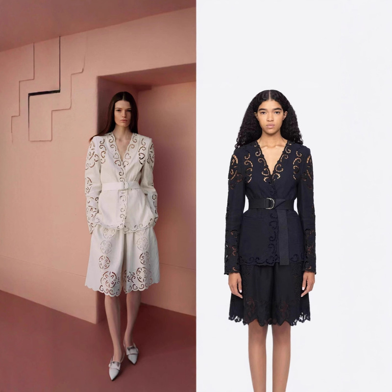 French Heavy-Duty Cut Out Embroider Linen Blend Suit Jacket Elastic Waist Casual Shorts High-End Two-Piece Set for Women