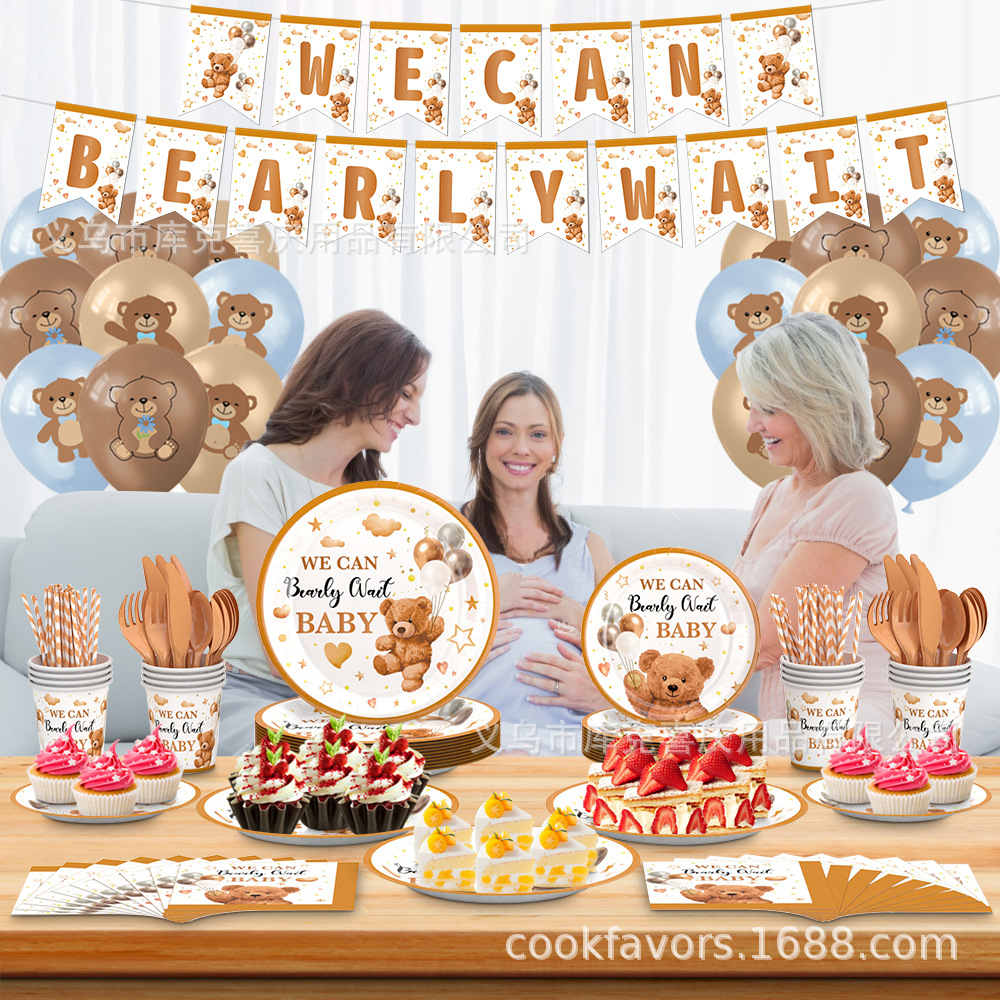 Oso marrón bebé baño fiesta decoración niño niña recién nacido bandeja de papel taza de papel toalla de papel juego de vajilla