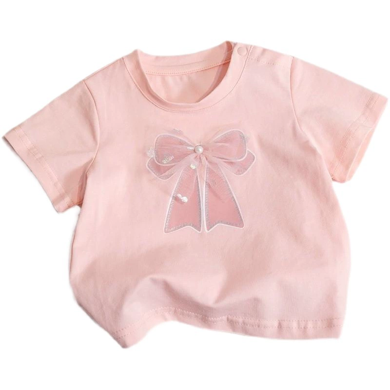 Детская Одежда для девочек, летняя Милая футболка ярких цветов с короткими рукавами и простым бантом в западном стиле, Детская футболка с короткими рукавами маленького и среднего размера