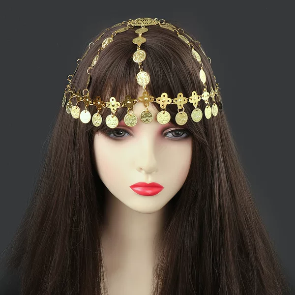 Cross-Border European and American Golden Hat Headwear Handmade Coin Tassel Hair Accessories Retro Exaggerated Long Hair Chain Dubai