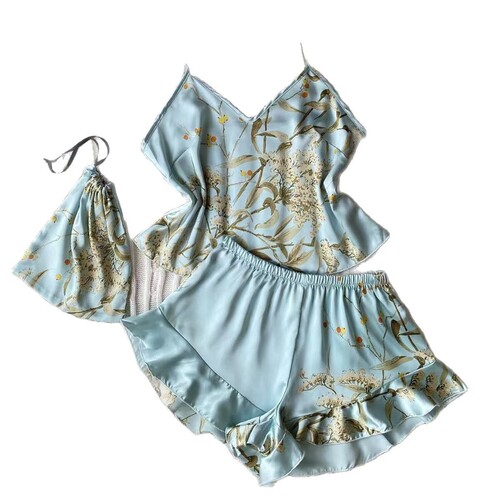 Two-Piece Summer/Spring Silk-Style Pajama Set with Fashion Print Shorts, Home Suit, Sexy Strappy Dress