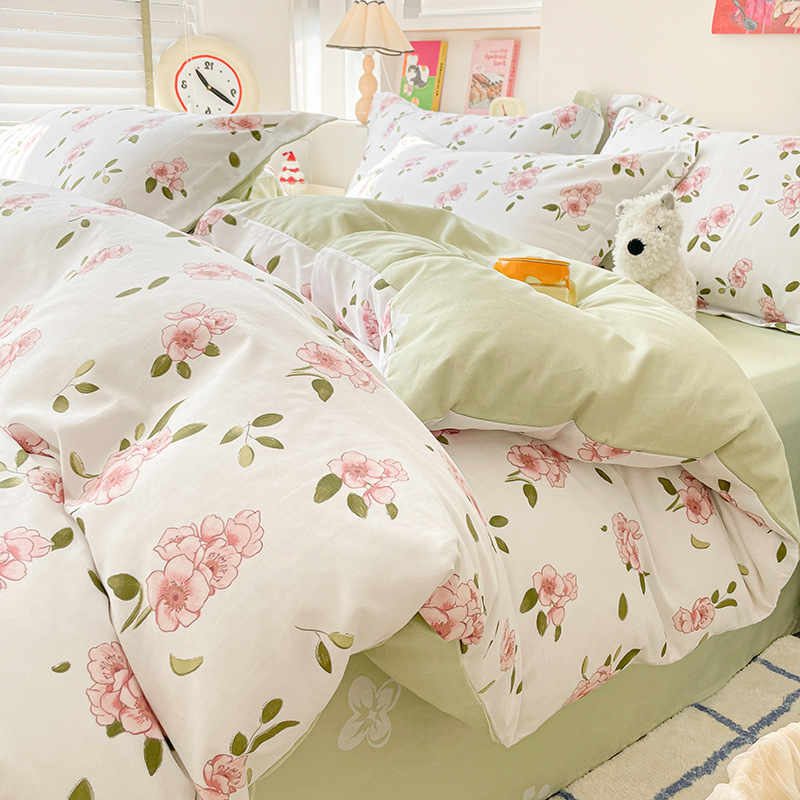 Juego de cuatro piezas de algodón fresco, juego de tres piezas de algodón, funda de edredón gruesa para el hogar, sábana de dormitorio, lijado, cama individual para estudiantes