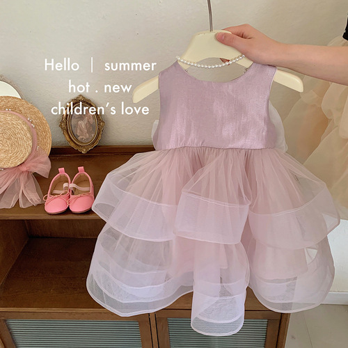 Korean style children's clothing girls dress summer style 2024 baby girl new splicing mesh suspender sweet dress