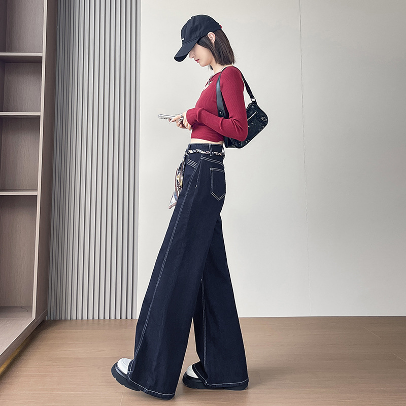 阔腿牛仔裤女春秋季2025新款宽松时尚弹力超火丹宁蓝直筒裤子|undefined