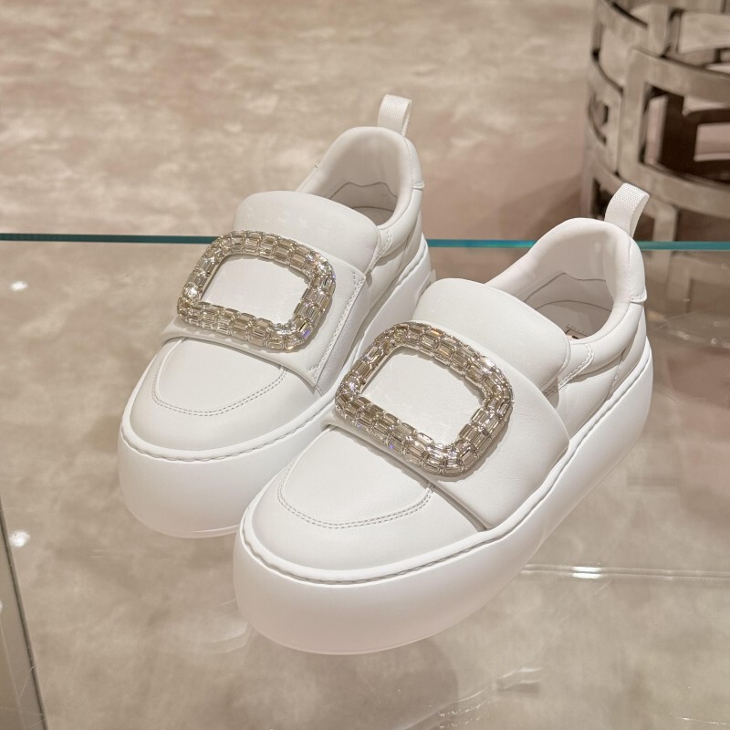 High-End Puff White Sneakers for Women 2026 New Model Genuine Leather Rhinestone Loafers Thick-Soled Chunky Square Buckle Sports Shoes for Women