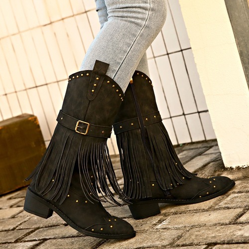 Women Tassel Boots, Knight Boots, Mid-Calf Boots, Large Women's 42