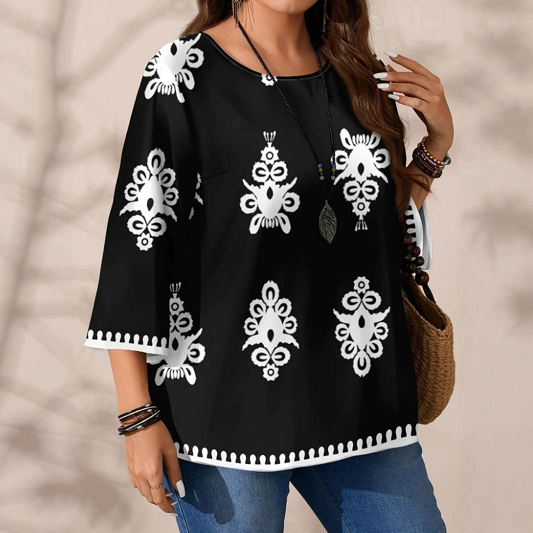 2025 Amazon Европейские и американские повседневные топы свободные кросс-бордерные элегантные рубашки с рукавом 3/4 больших размеров