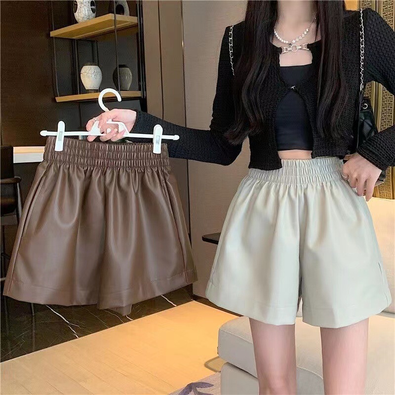Genuine Leather Shorts Women's Loose Wide Leg Fashionable Elegant High Waist Outer Wearable Leather 2024 New Arrival Autumn Leather Shorts Trendy