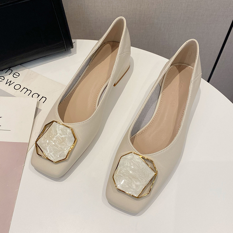 Real cowhide high heels women's 2023 summer new Korean style lazy shoes square toe soft leather shallow mouth thick heel single shoes low heel_voghion.com