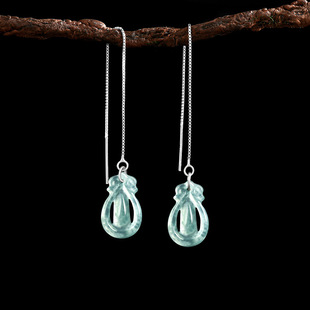 Original Natural A Goods Jade Blue Water Antique Water Drop Ear Line S925 Silver Set Ice Jade Stone Personality Women's Earrings
