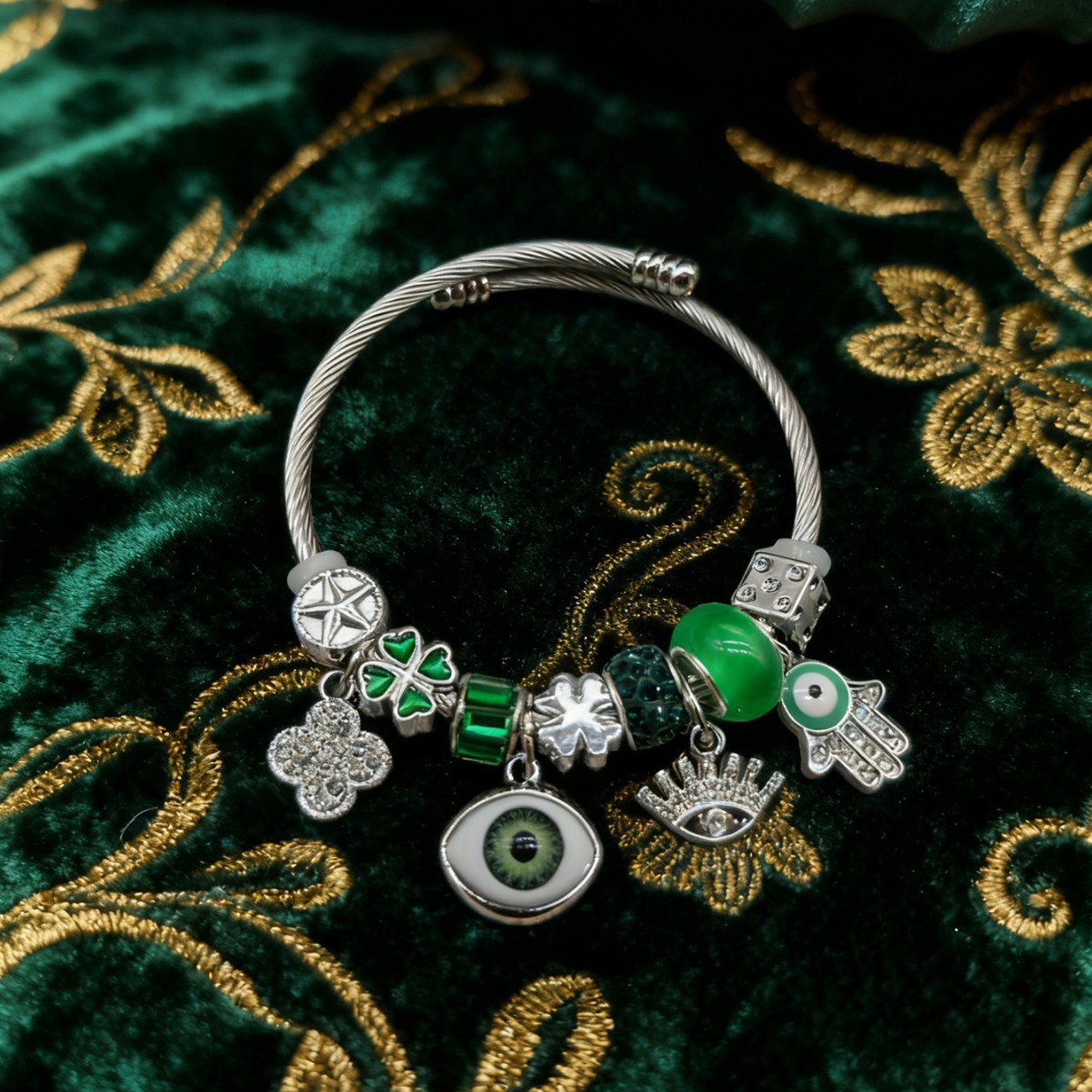 Brote transfronteriza Pan familia pulsera de acero inoxidable diamante rosa ojo del diablo mano de Dios joyas de color de hierba de cuatro hojas image 1