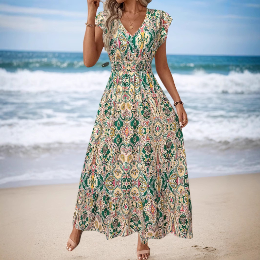 European And American Summer Bohemian Beach Vacation Style Printed Women's Cross-Border Waist-Cinching Long Dress_ecoleips.com