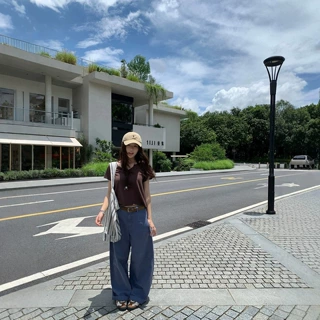 蓝色复古牛仔裤2026秋季新款薄款女生直筒运动休闲弯刀阔腿裤女潮