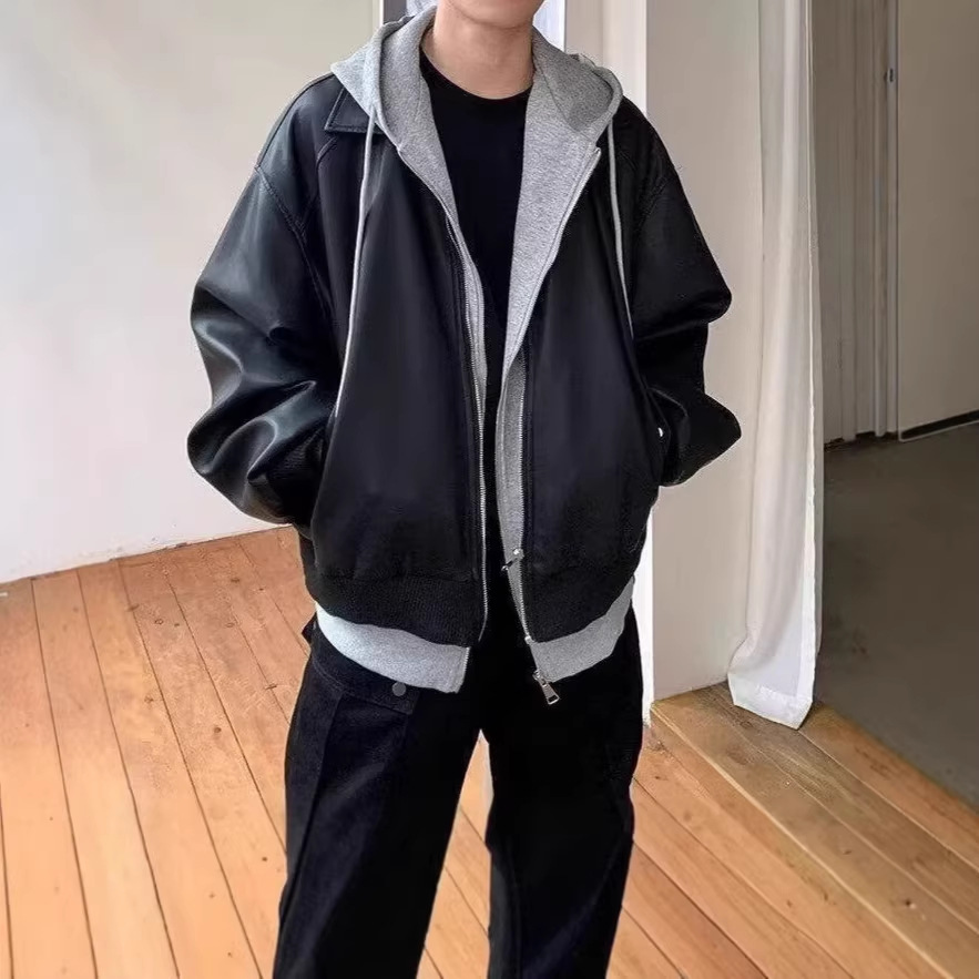 Zweiteiliges Herren-Set mit Kapuzenjacke aus Kunstleder, hochwertiges PU-Leder im Vintage-Stil, trendiges schwarz/graues Langarm-Oberteil für Paare_voghion.com