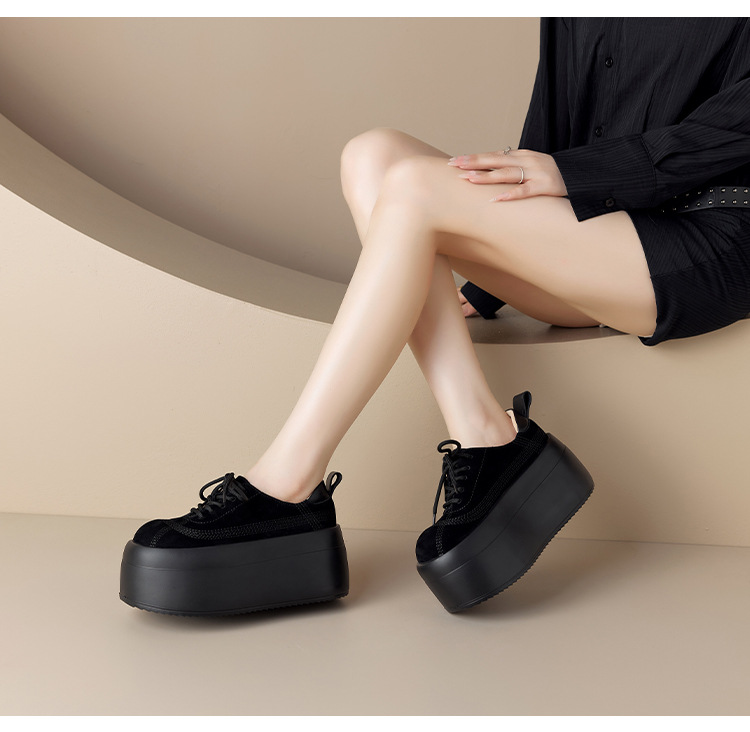 Giày sneaker nữ chunky đế dày mũi tròn phối màu dây buộc cổ thấp thu đông da thật — màu đen, màu mơ chi tiết 5