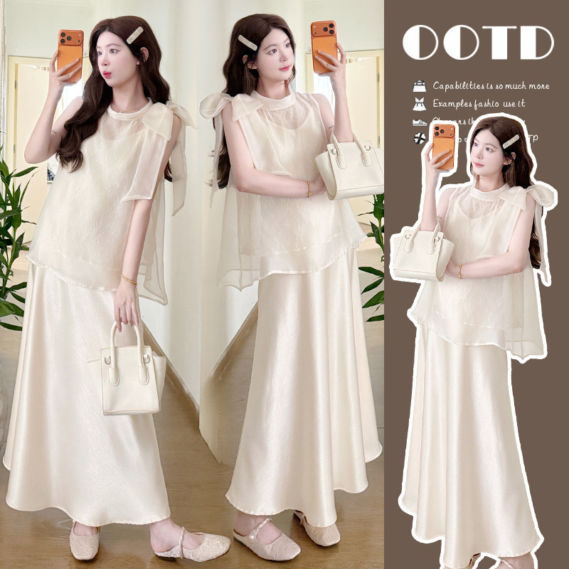 Maternity Wear Summer New Style French Bow Lace Loose Top Elegant Suspender Dress Sweet Two-Piece Set