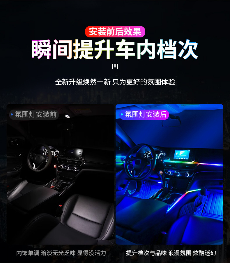 Universal Car Interior Hidden Acrylic Ambient Lighting with Color-Changing Effect, No Wiring Required, One-To-Eight App Dual Control