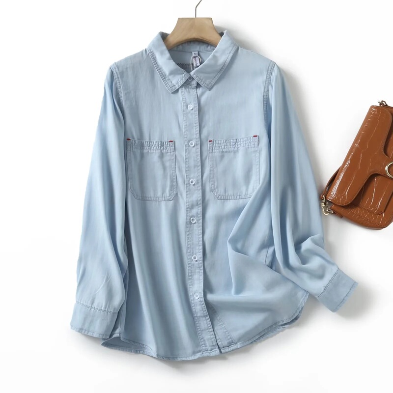 2013 Double Pocket Soft Tencel Long Sleeve Shirt Women's 2025 Autumn New Loose Slim Shirt Top