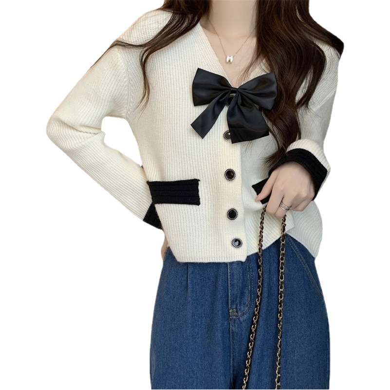Primavera Chanel estilo arco cardigan de punto para las mujeres 2023 nuevo suave dulce chic con cuello en V suéter abrigo