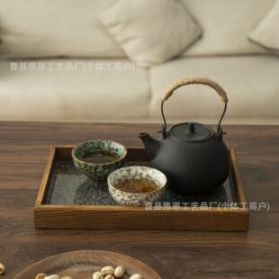 Wooden Tea Snack Tray with Stove, Office Desk Tea Tray, Solid Wood Fruit Snack Tray with Glass