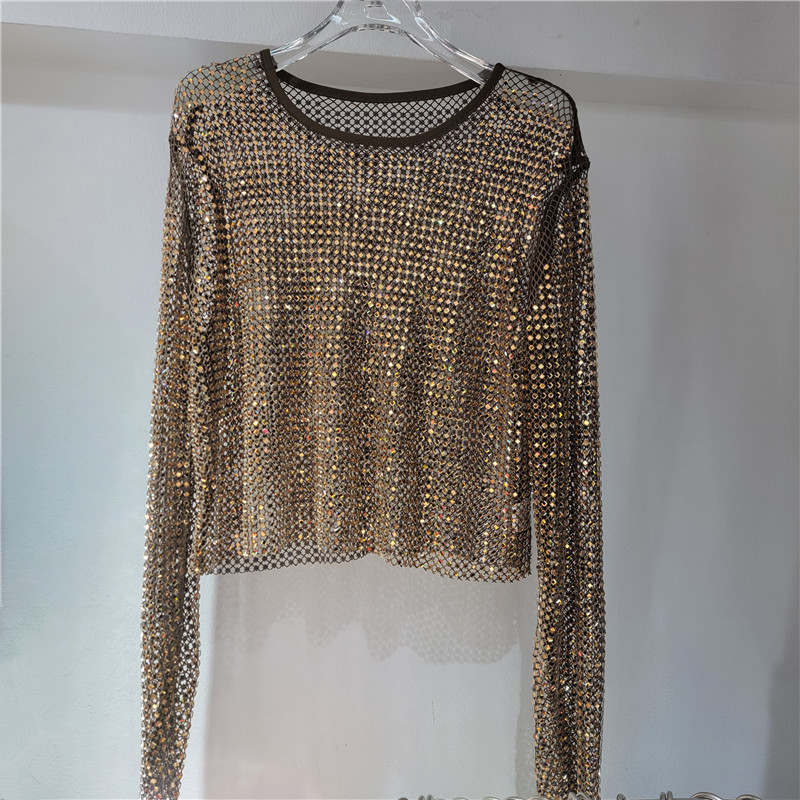 Luz de lujo de alto nivel suave chaqueta de cristal de diamante de malla super celestial dentro de la fiesta bling brillante camiseta de base vaciada