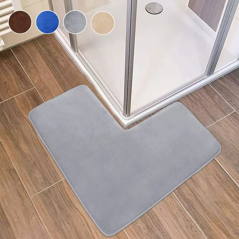 Temu Dropshipping Pure Color Coral Velvet Floor Mat Amazon Cross-Border L-Shaped Bathroom Floor Mat Home Bathroom Anti-Slip Mat
