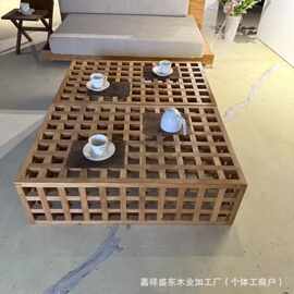 老榆木网格茶桌客厅创意茶几怀旧老榆木复古庭院茶台镂空茶桌茶台