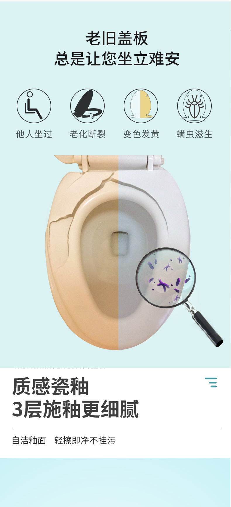 Manufacturer's in-stock bottom-mounted toilet seat covers, household slow-lowering silent anti-wear round head toilet seat covers, thickened bottom-mounted toilet seat covers details Picture