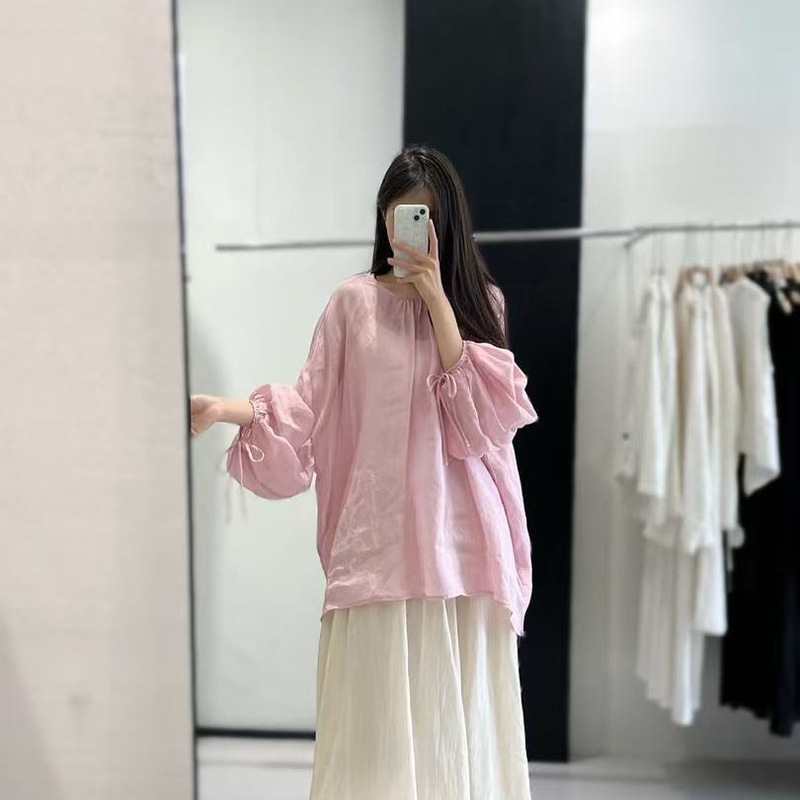 Pink Ramie Round-Neck Puff-Sleeve Babydoll Shirt, Unique and Super Pretty Loose-Fitting Fairy-Style Top for Women, Spring/Summer 2026