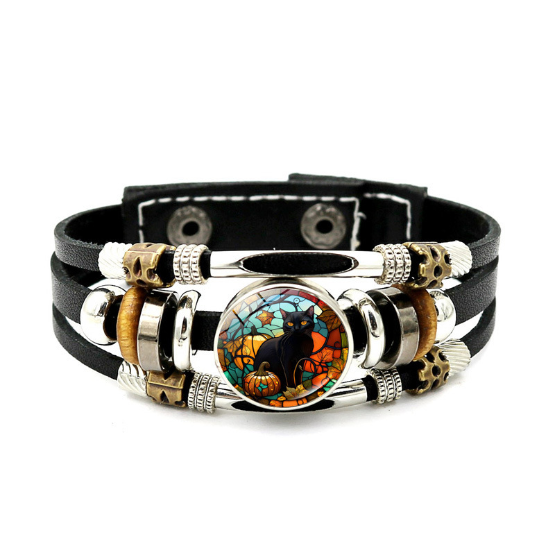 Halloween Pumpkin Leather Bracelet Men's Braided Punk Vintage Beaded Halloween Gift Bracelet_voghion.com