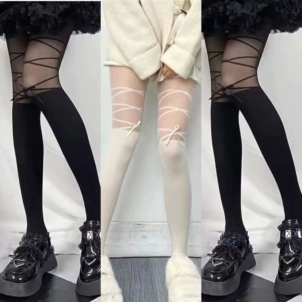 Сексуальный черный пояс с бантом, колготки, knee socks, середины длины