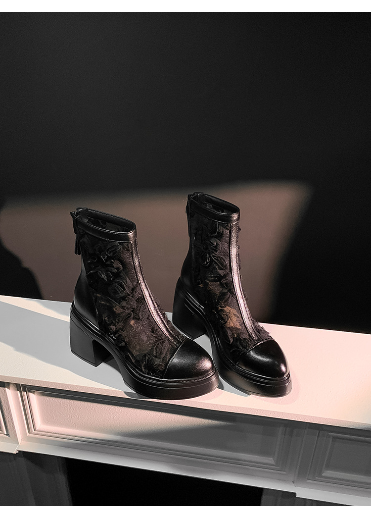 Boot nữ cổ thấp họa tiết ren hoa, gót cao 9 cm, mũi nhọn lưới thoáng khí — màu đen, màu trắng ngà chi tiết 19