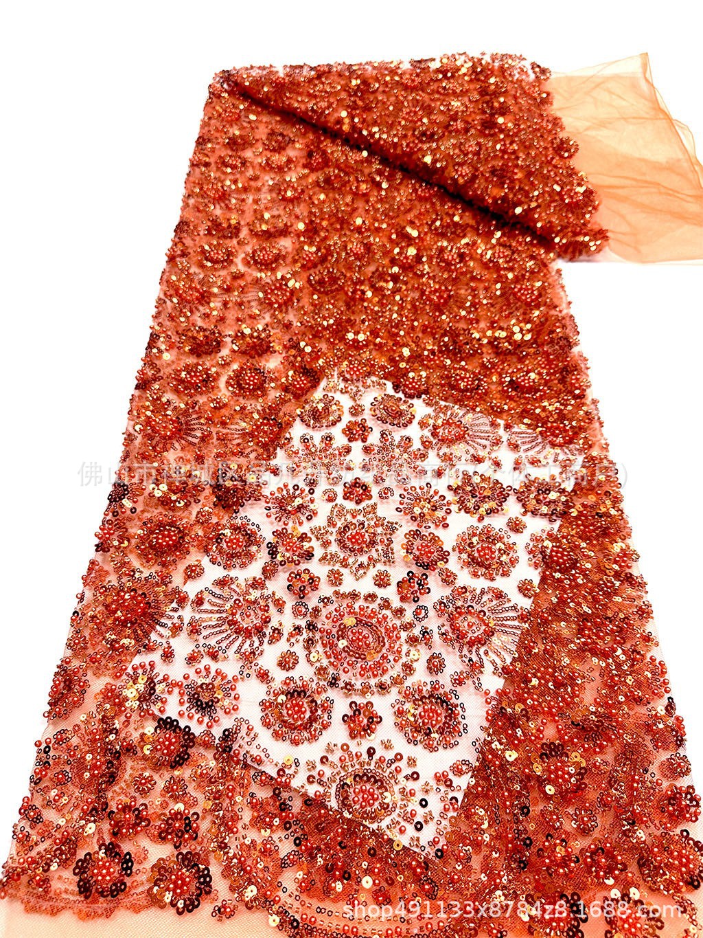 Redondo sol sequin clavado tela de malla de perlas vestido de boda de estilo nacional vestido de tela de banquete en stock