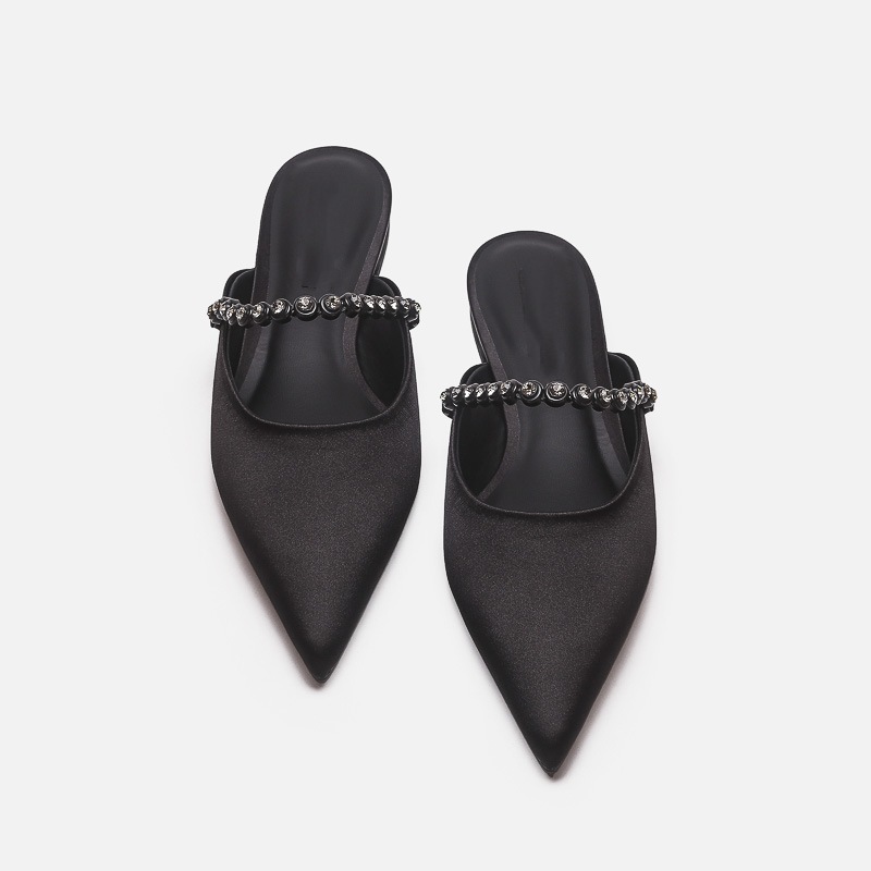 Spring/Summer New Gemstone Chain Pointed Toe Silver Shoes Women's Outerwear Closed Toe Half Slippers Slimming Flat Mules_voghion.com