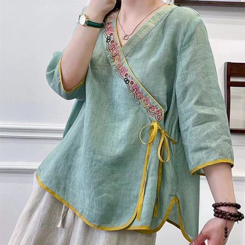 2023 Ethnic Style Retro Diagonal Collar Chinese Style Embroidered Ramie Shirt Women's Loose Top Tea Dress Loose Fit