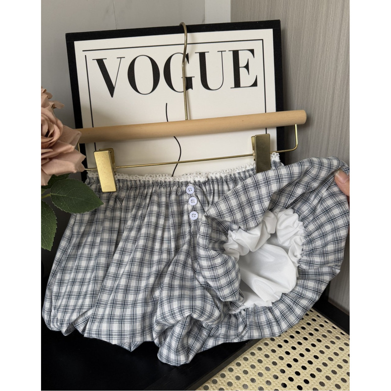 Cute Korean-Style Plaid Bloomers Shorts for Women, Summer, Petite, Low-Waisted, Bubble Pants, Slimming, Puffy, Casual
