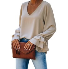 2022速卖通亚马逊热卖女装休闲宽松纯色V领长袖T恤上衣女