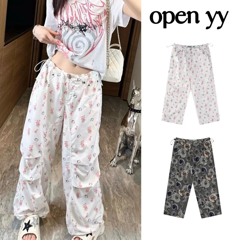 In-stock Korean openyy Hello Kitty casual pants, loose high-waisted quick-dry full-print cargo pants, Jennie's style In-stock Korean openyy Hello Kitty casual pants, loose high-waisted quick-dry full-print cargo pants, Jennie's style