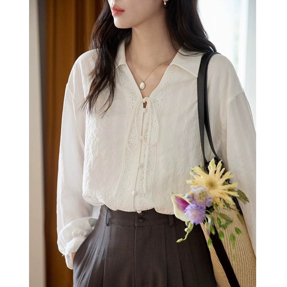 Morirose White Lapel Lace Lace Off-Shoulder Long-Sleeved Shirt Women's Autum French Retro Elegant Top