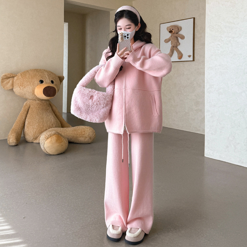 孕妇秋冬抽绳拉链时尚连帽开衫毛衣休闲款时尚阔腿裤宽松甜美套装|undefined