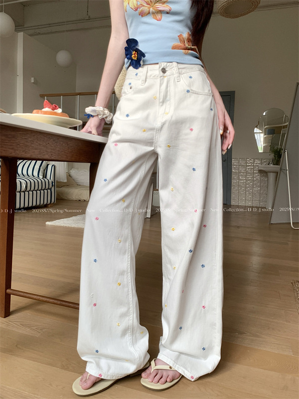 复古花朵刺绣白色牛仔裤女秋新款高腰显瘦百搭减龄阔腿长牛仔裤子|undefined
