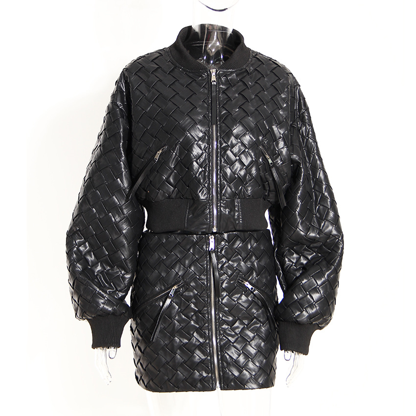 Niche Romantic Black Woven Design Texture Zipper Flight Suit Short Coat Mini Sheath Skirt Outfit