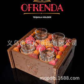 跨境哥特骷髅复古木箱酒杯托盘 派对 shot 杯收纳酒具套装