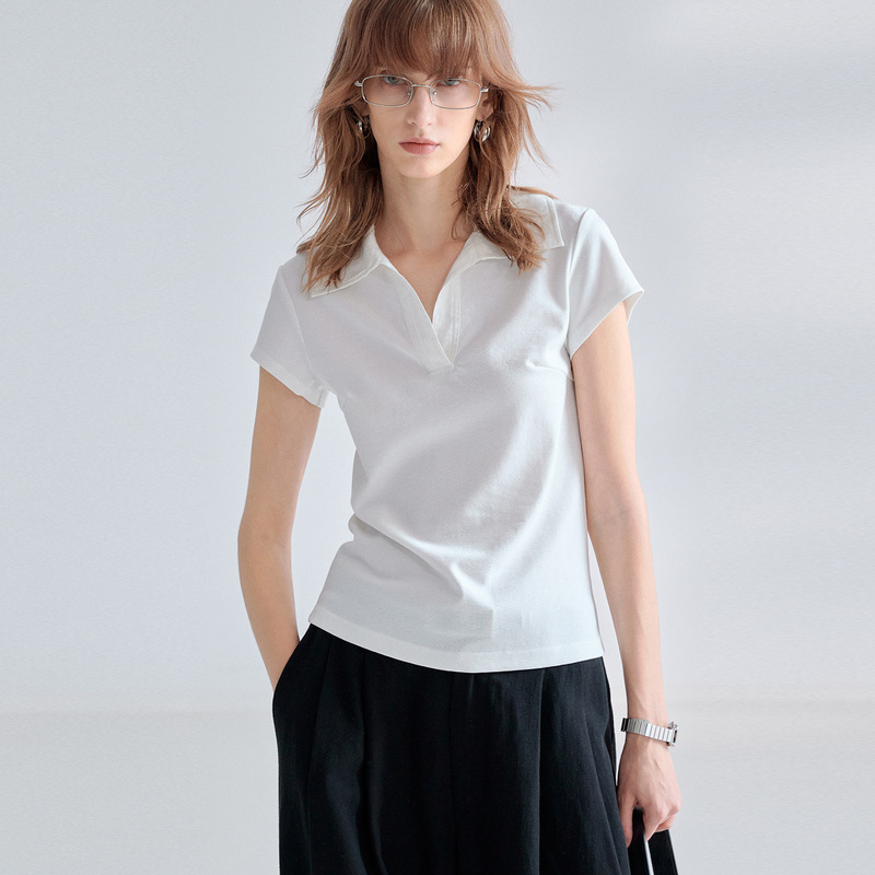 Elegant Acetate Linen Polo Shirt for Women, Summer Turn-Down Collar Top, Slim-Fit Design, Lyocell Short-Sleeve T-Shirt
