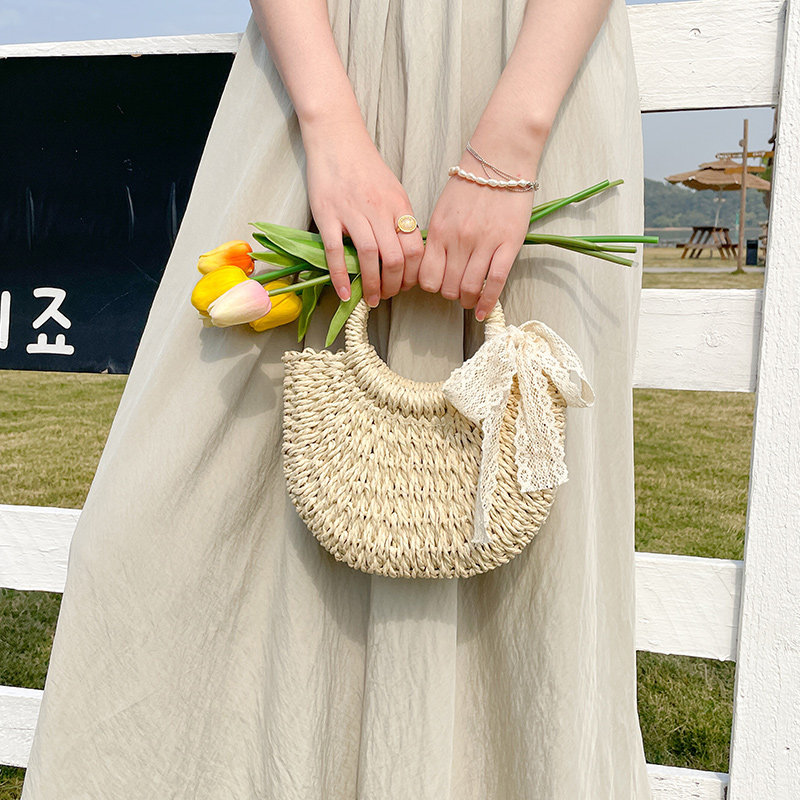 Summer Woven Bag For Women, Niche Design Semi-Circle Straw Bag, Casual Vacation Beach Bag, Handbag & Crossbody Bag