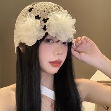 活动早秋薄款钩花镂空帽子蕾丝花朵针织包头帽女复古显脸小套头帽