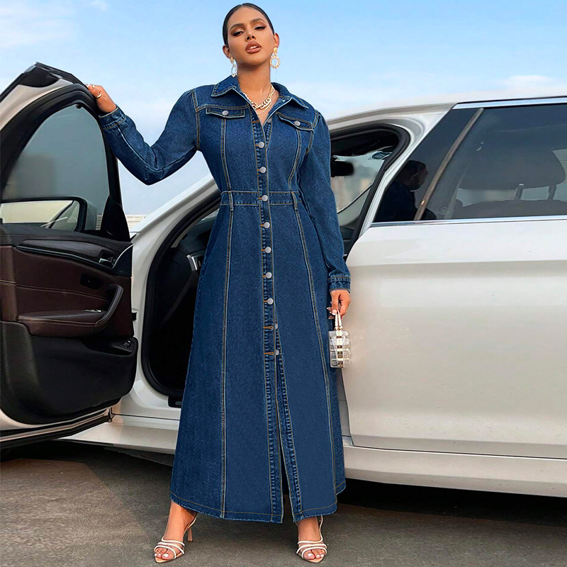 708g Weight Maxi Long Dress Dress Length Type Long Sleeve Sleeve Length Denim Dress Dresses Type Cotton (more than 30%), Denim Fabric Type High Waist Waist Line Holiday, Street Occasion Turndown Neckline Slim Fit Type Solid Color Pattern Spring, Autumn Season Women's Gender Streetwear Style Wholesale Women's Streetwear Solid Color Holiday Street Turndown Long Sleeve Denim Dress 无