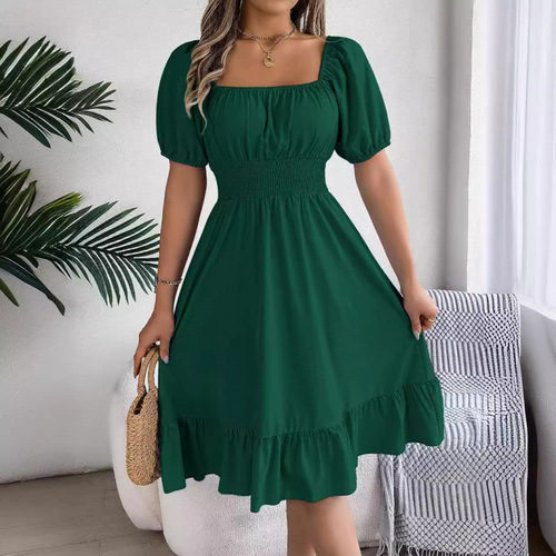 2025 Spring and Summer European and American Casual Square Collar Short Sleeve Waist Inset Ruffled A-Line Skirt Independent Station Cross-border Women's Clothing 