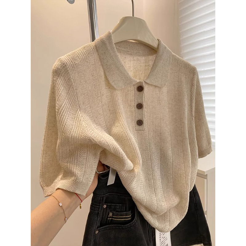 French-Style Linen Ice Silk Turn-Down Collar Knit Short-Sleeve T-Shirt for Women, 2026 Summer, Elegant Versatile Slim-Fit Polo Shirt Top