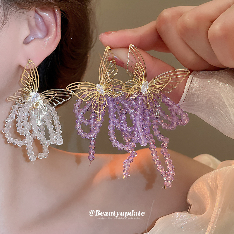 Pendientes de borla de cristal de mariposa de circón de aguja de plata Pendientes de lujo ligero de moda francesa Pendientes de temperamento femenino Sensación de clase alta de nicho